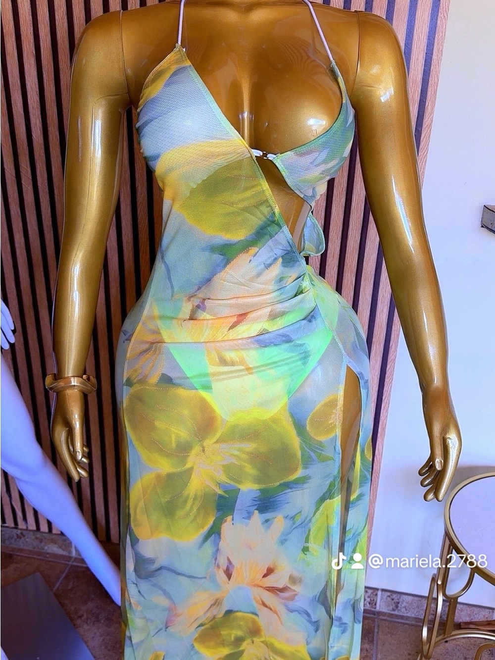 Fashion Nova Green Yellow Floral Sheer Cutout Maxi Dress